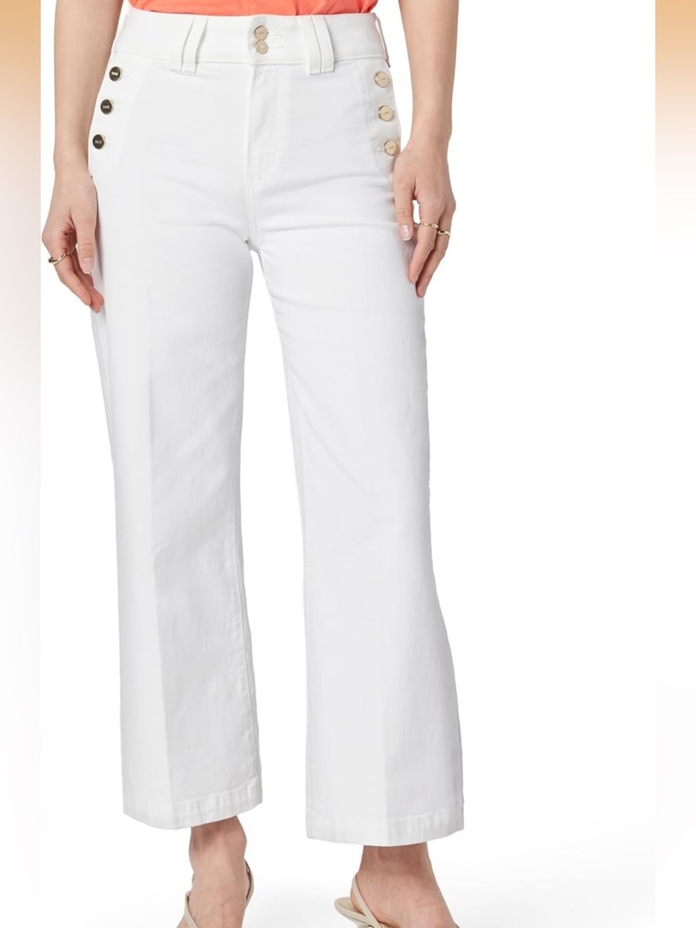 Paige- White High-Rise Wide-Leg Jeans with Button Detail
